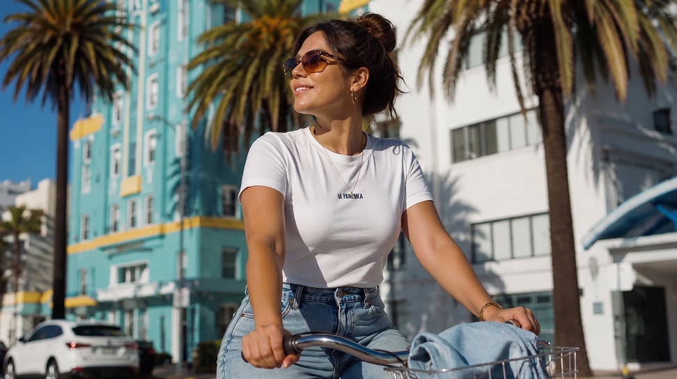 Femme à vélo portant un t-shirt La Panenka, palmiers